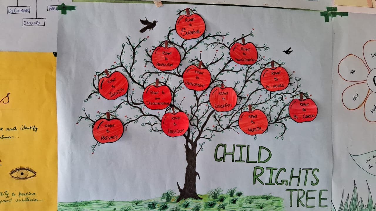 A hand-drawn child rights tree poster with red apples naming rights — survival, education, health, freedom, identity and more